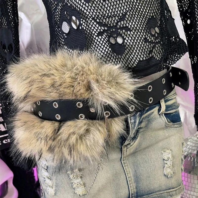 Punk PU Studded Fur Belt Y2k Vintage Faux Fur Rhinestone Patchwork Belt Metal Plush Waist Chain Furry Waistband Jeans Belts