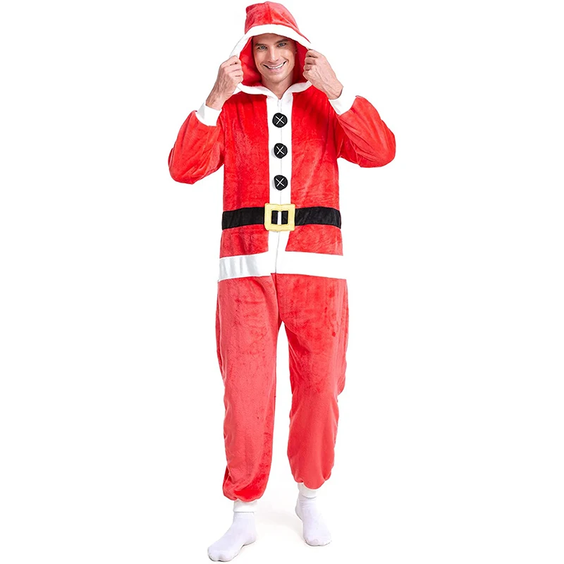 Women Christmas Uniform Red Santa Claus Cosplay Costume Flannel Long Sleeve Hooded Belt Printed Zipper Full-Length Jumpsuits