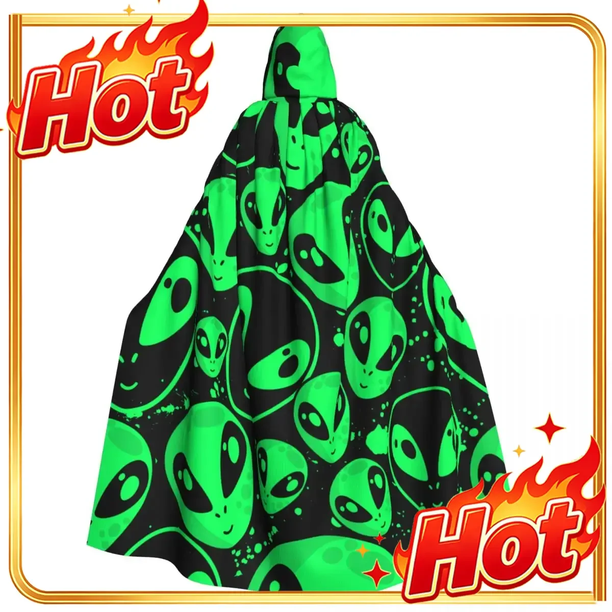 Unisex Adult Green Alien UFO Cloak with Hood Long Witch Costume Cosplay