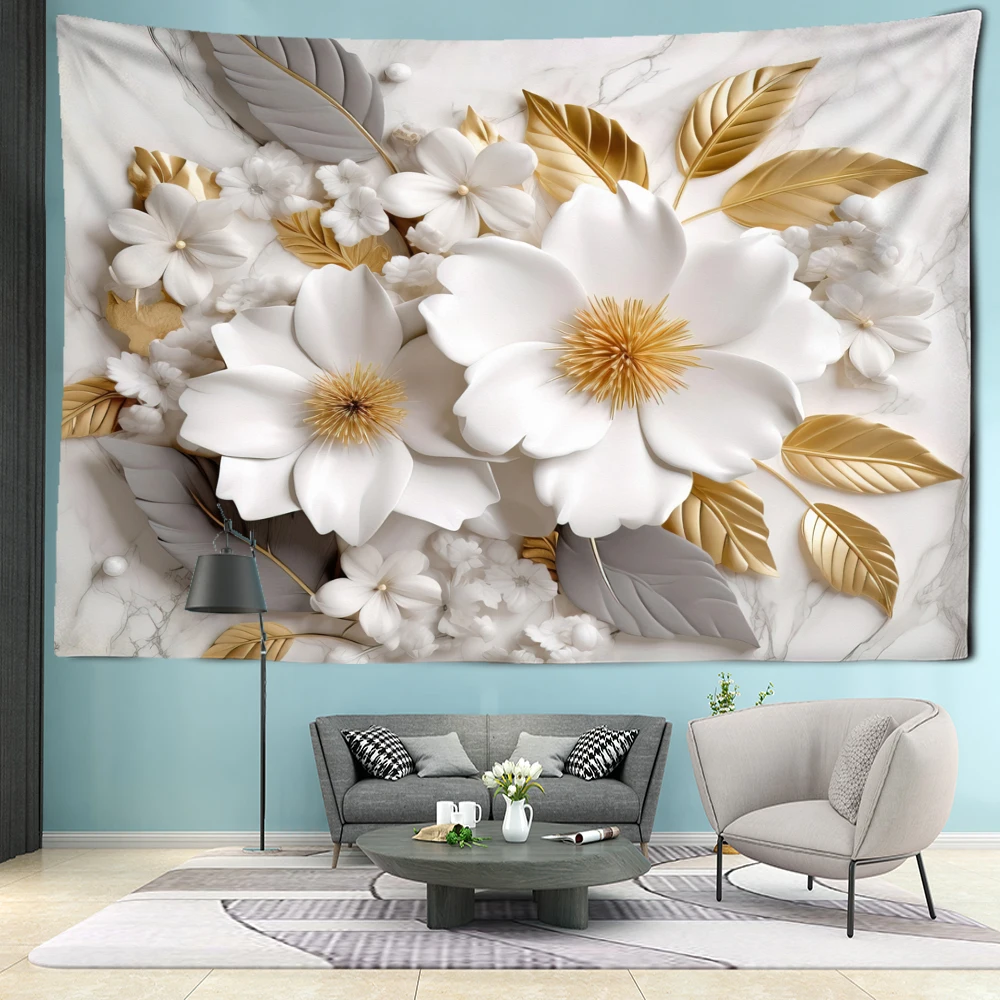 Golden Leaf White Flower Tapestry Wall Hanging Bohemian Minimalist Art Hippie Bedroom Living Room Home Decor Background Cloth