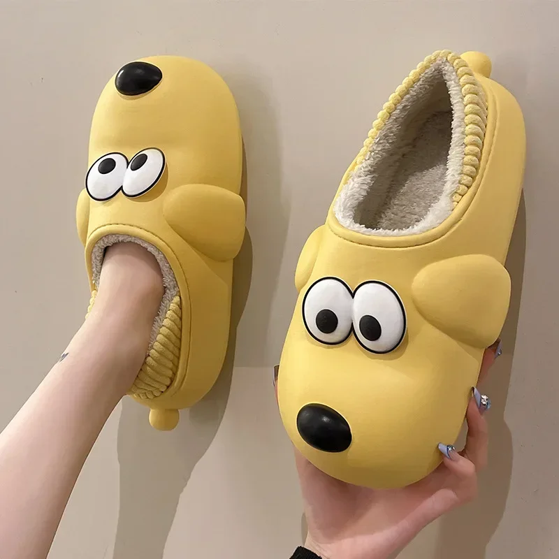 

New Cotton Slippers Women Winter House Fur Warm Cotton Cute Lovely Cartoon Dog Indoor Shoes Couple Thick Soled Non Slip Slipper
