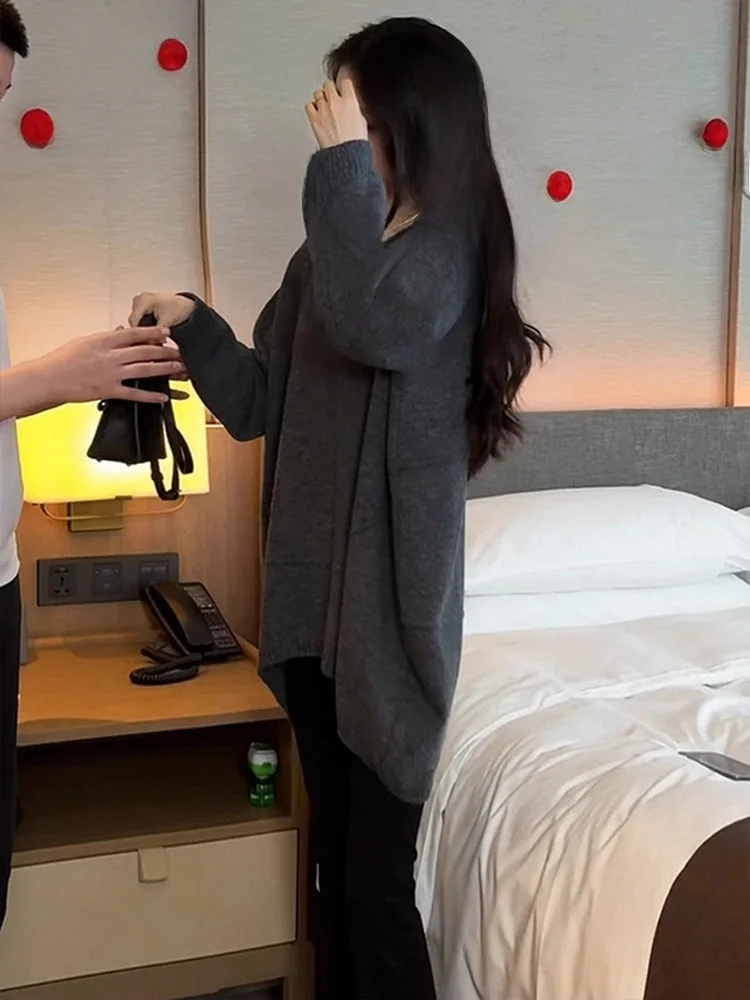 Lockerer Strickpullover Damen Herbst Winter Casual Sle V-Ne Long Sve Mittellange Oberbekleidung Bequem Faionable