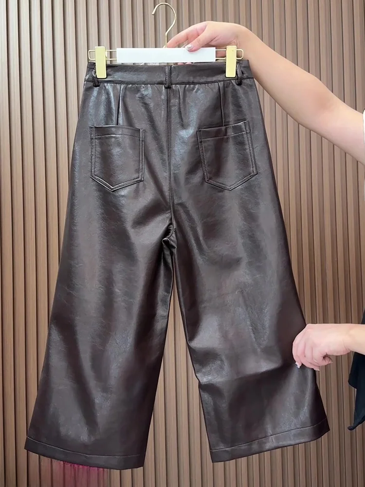Faionable Pantaloni larghi in pelle a gamba dritta a vita alta Pantaloni casual da donna Autunno New Sle Vita elastica a sette piedi