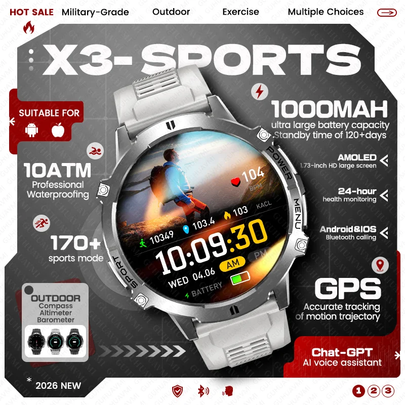New Outdoor Military 1000mAh Battery Smart Watch Built in GPS Altimeter 10ATM Waterproof BT Call Men AMOLED HD Sports Smartwatch