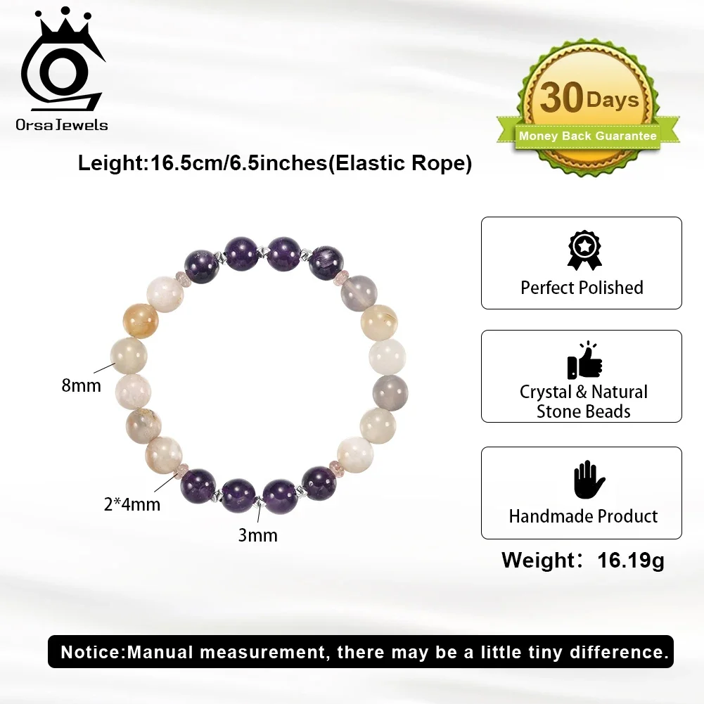 ORSA JEWELS Natural Agate & Amethyst Stone Healing Crystal Bracelet Women S925 Beads Wrist Chain Elastic Rope Jewelry GMB101 6