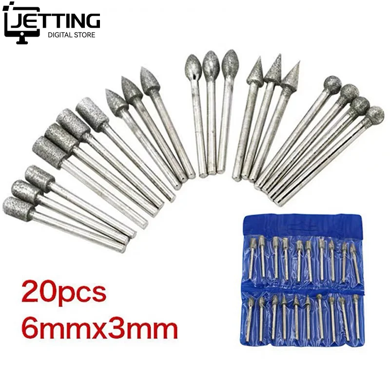 

20pcs/set Diamond Grinding Heads Mini Bit For Rotary Drill Tool Burrs Grinding Accessories 3mm Shank Tools Kit Abrasive Tool
