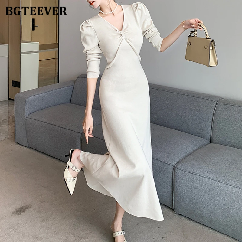 

BGTEEVER Chic Vintage Long Sleeve Female Knitted Skinny Dress Elegant V-neck Slim Waist Women Sweaters Dress Ladies Vestidos