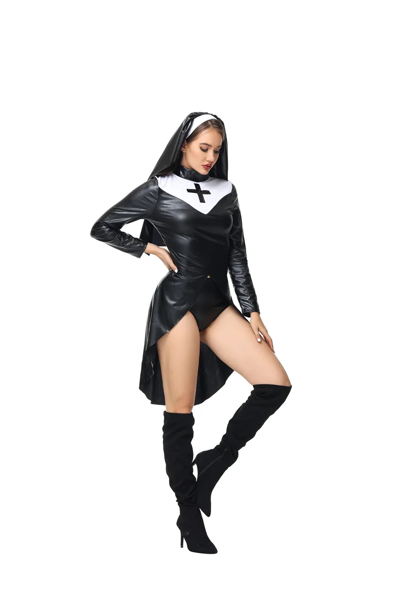 Black PU Faux Leather Sexy Nun Costume Carnival Halloween Church Religious Convent Cosplay Fancy Party Dress