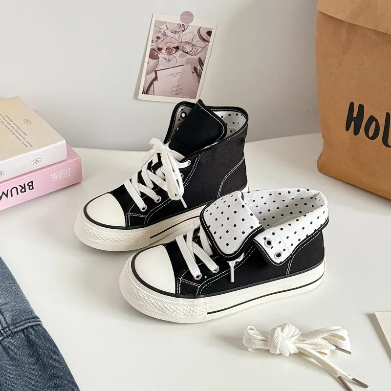 Women's High Top Platform Canvas Sneakers Polka Dot Foldable Collar Lace Up Breathable Korean Style Casual Shoes Fall 2026 view 6