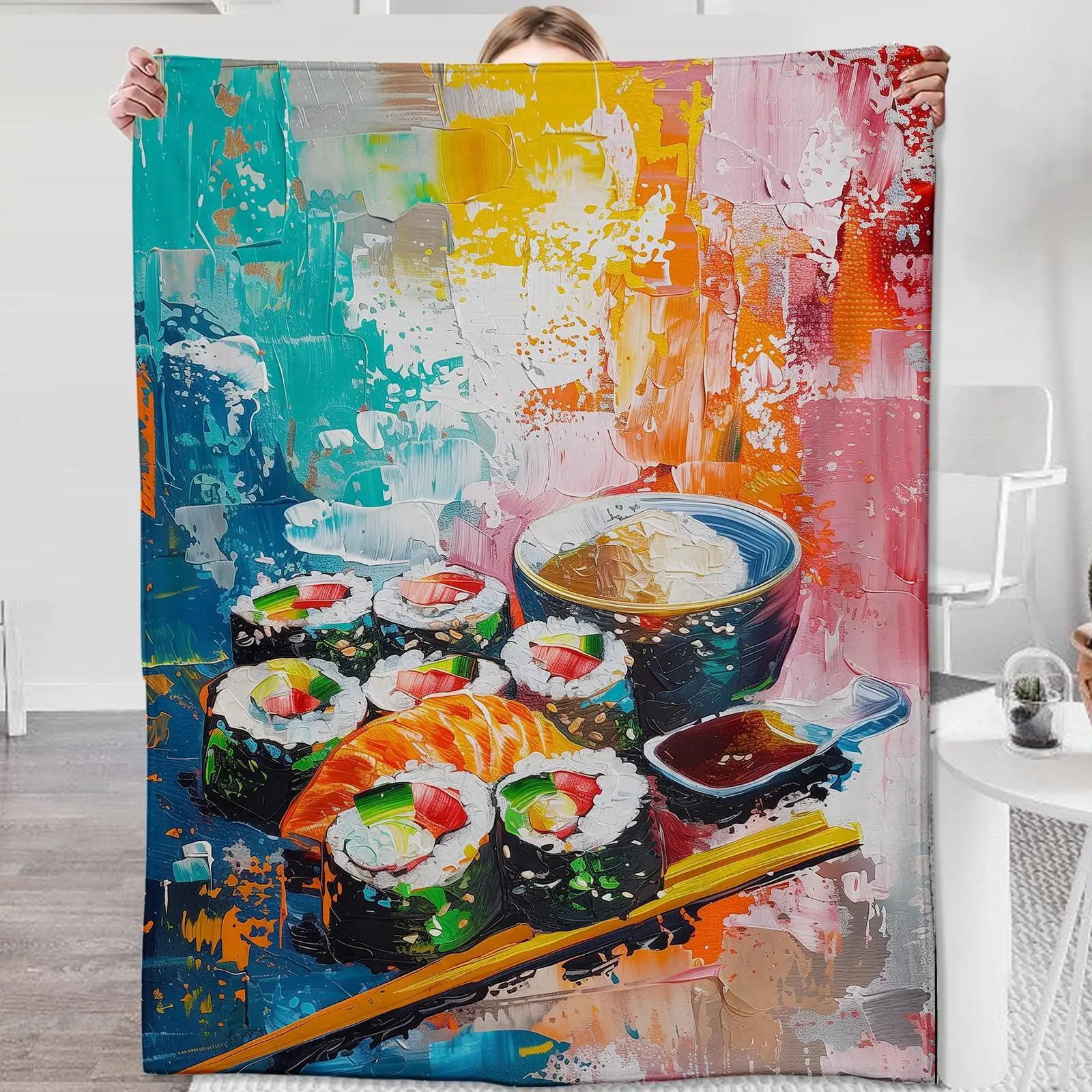 Colorful sushi patterns Flannel printed blanket suitable for all seasons suitable for living room office sofa and travel