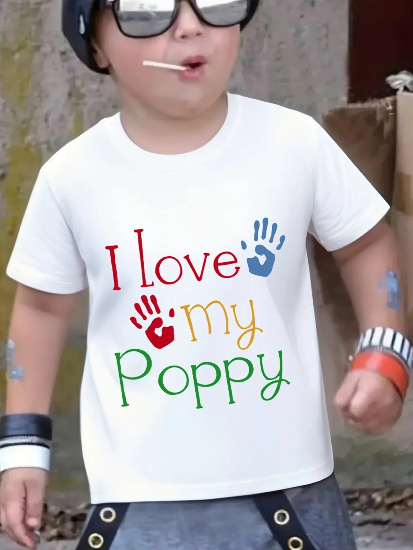 I Love My Poppy Color Handprint Letter Print Family Matching Short Sleeve Tee Boys Girls Kids Cute Casual Summer Daily Tops