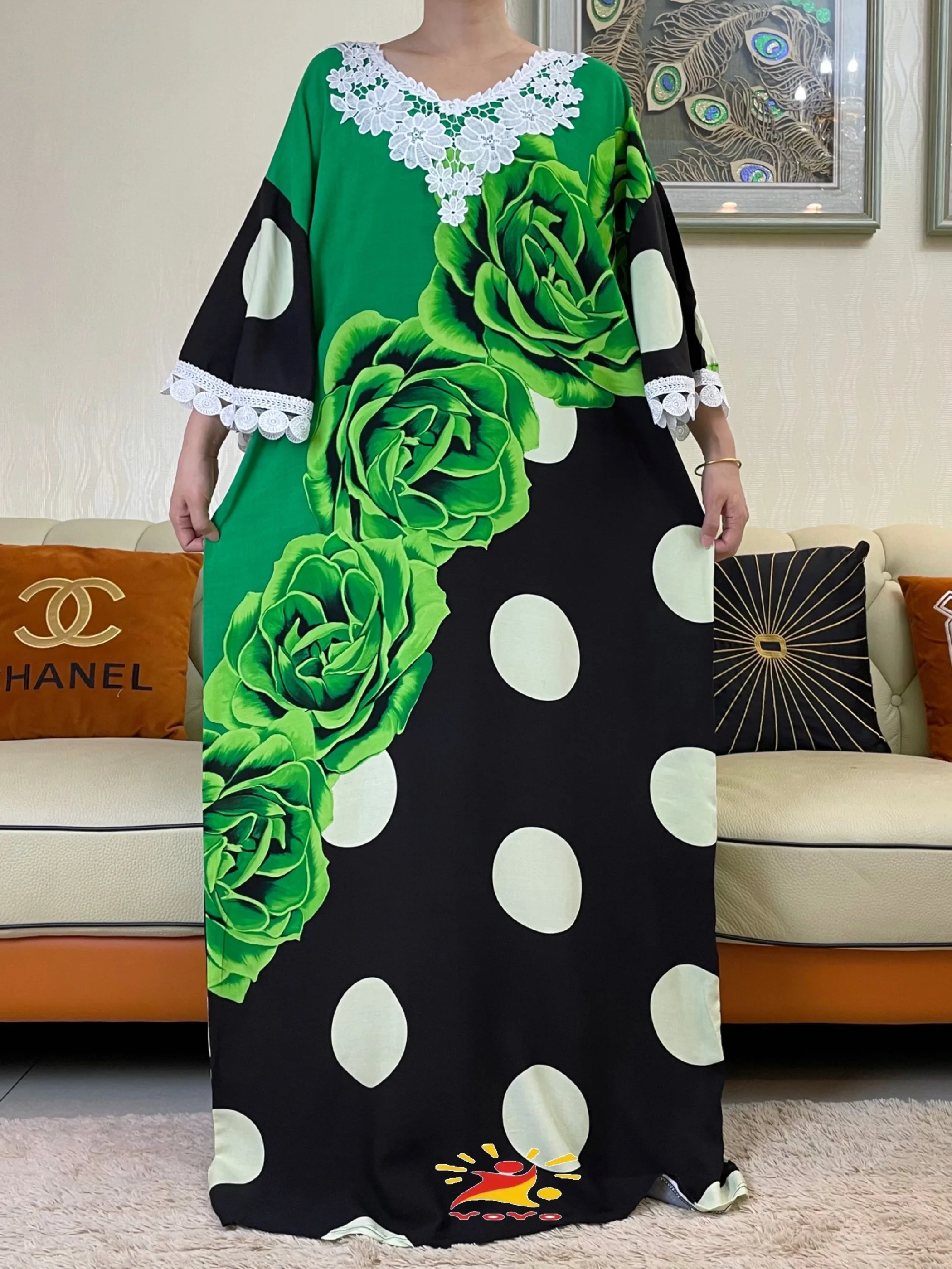 2023new Frauen Sommer Fledermaus Spitze Ärmel Kleider gedruckt Blumen mit großen Schal lose Boubou Maxi Islam Baumwolle afrikanische Abaya Kleidung