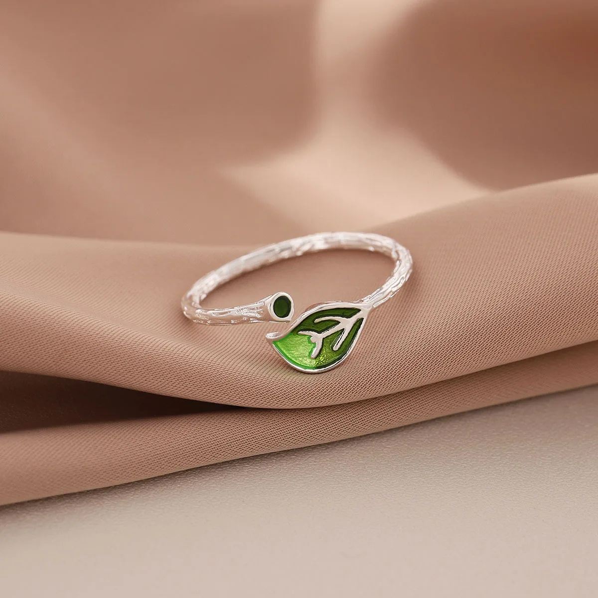 Women's Simple Green Leaf 925 Sterling Silver Opening Ring