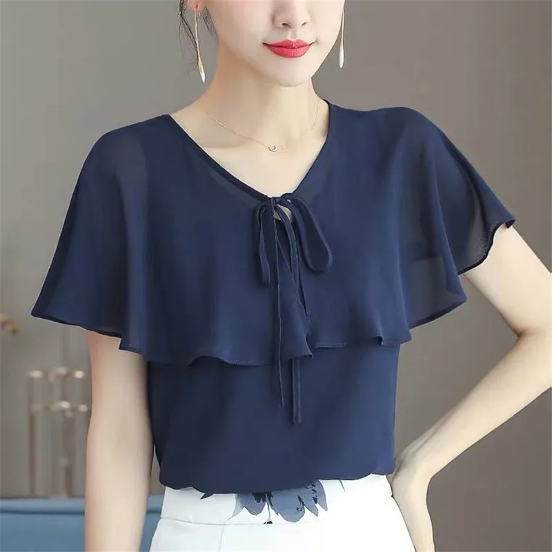 Dames 2024 Chiffon Shirts Zomer Korte Mouw Losse Tops V-Hals Vrouwen Casual Blouse Effen Elegante Kantoor Tops Футболка