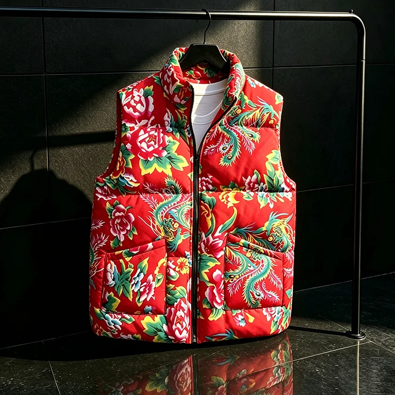 Northeast China Floral Print Vest Men Cotton Padded Vest Men Women Thick Quilted Waistcoat Winter Sleeveless Open Front Parkas