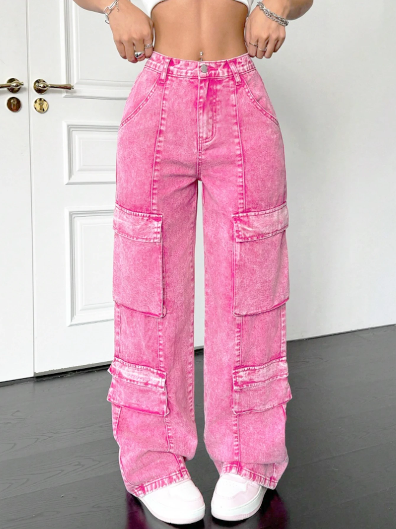 Pink Cotton Women's Wide-Leg Loose-Fitting Jeans, Multi-Pocket Y2K Style Pink Fashionable Jeans