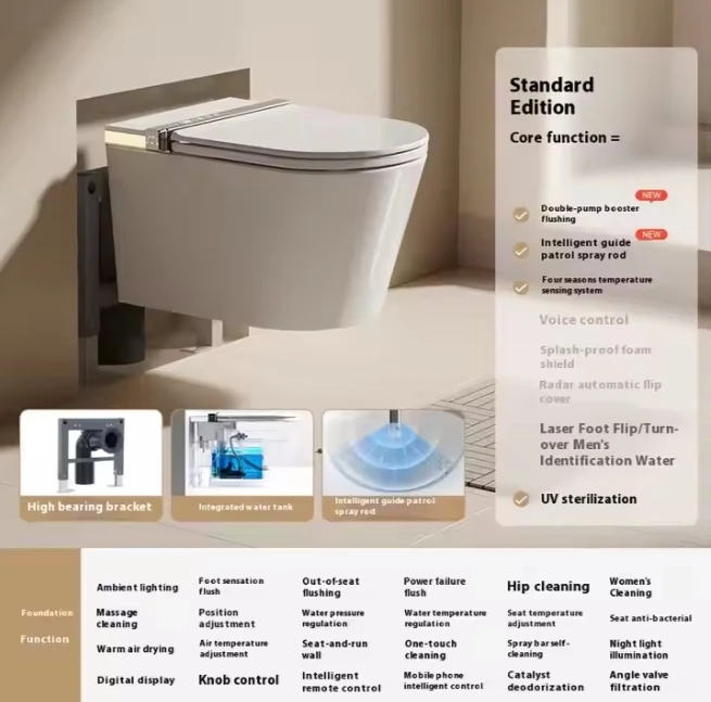 Smart Remote Control Wall-Mounted Bathroom Toilet with Ceramic Flush Seat Heating Elongated Bowl Shape S-Trap Drainage Pattern