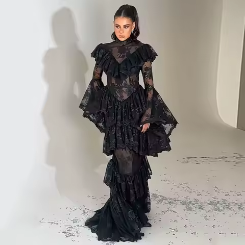 Customized Modern Evening Dresses Black Lace Long Sleeve High Collar Mermaid Evening Gowns for Women Tiered Trumpet Formal Dress