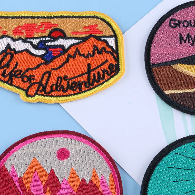 Landscape Embroidered Patches For Clothing Applique Camp Iron on Patches DIY Forest Applique Clothes Traveler Stickers Stripes