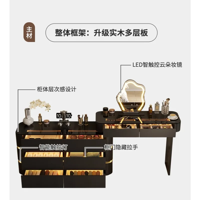 غرفة نوم من الخشب الصلب، بسيطة وحديثة، سرير رياح كريمي صغير، طاولة مكياج، صدر مدمج