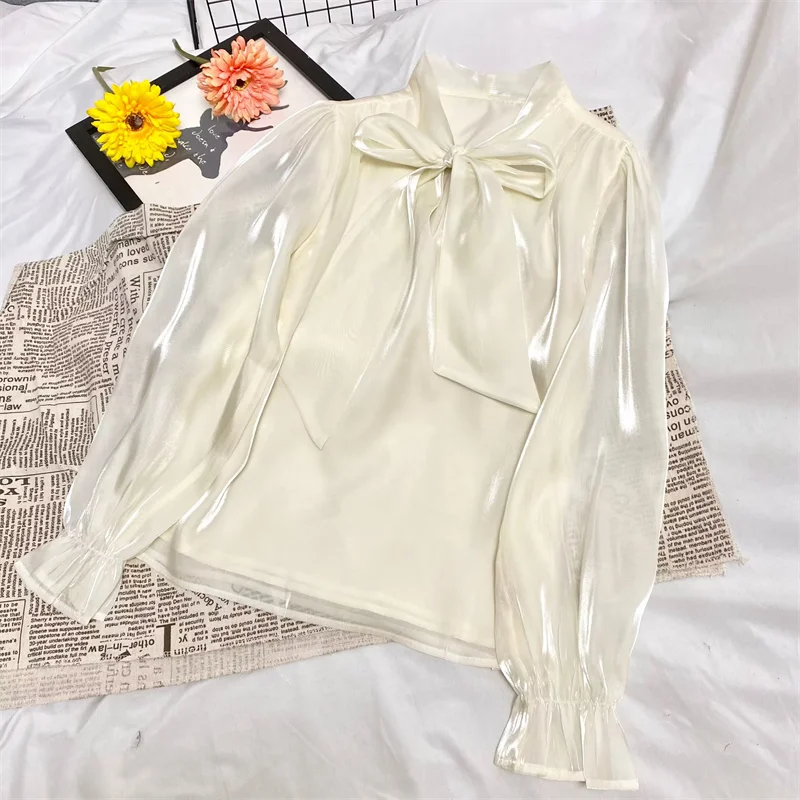 2023 New Spring Autumn Sweet Tie Bow Organza Shirt Women Casual Loose Chiffon Blouse Ladies Flare Long Sleeve Shirts Short Tops