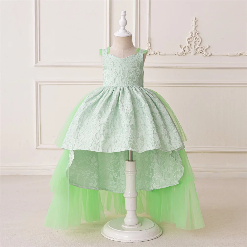 

Elegant Flower Girl Dress For Wedding Green Tulle Layered Puffy Sleeveless With Bow Child First Eucharistic Birthday Party Gown