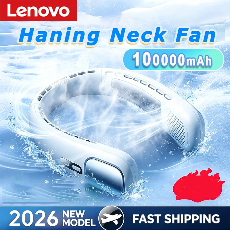 Lenovo 1000000mAh Hanging Neck Fan Electric Air Cooler Portable USB Rechargeable Mute LED Digital Display Bladeless Fan Sports