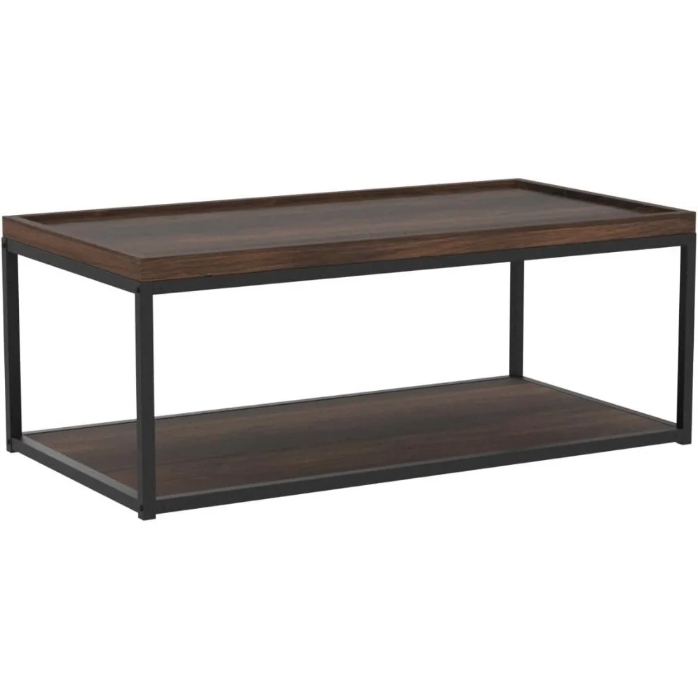 44-Inch 2-Tier Rectangular Tray Coffee Table, Built-In Home Decor Furniture with Metal Frame and Shelves