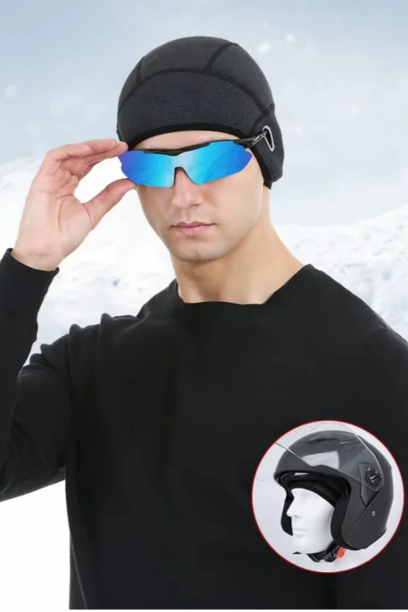Winterwarme Fahrradmütze mit Fleece-Futter und Ohrenschutz, Sport-Radfahrer-Motorradhelm-Innenmütze, Outdoor-Kopfbedeckung – Detail 1