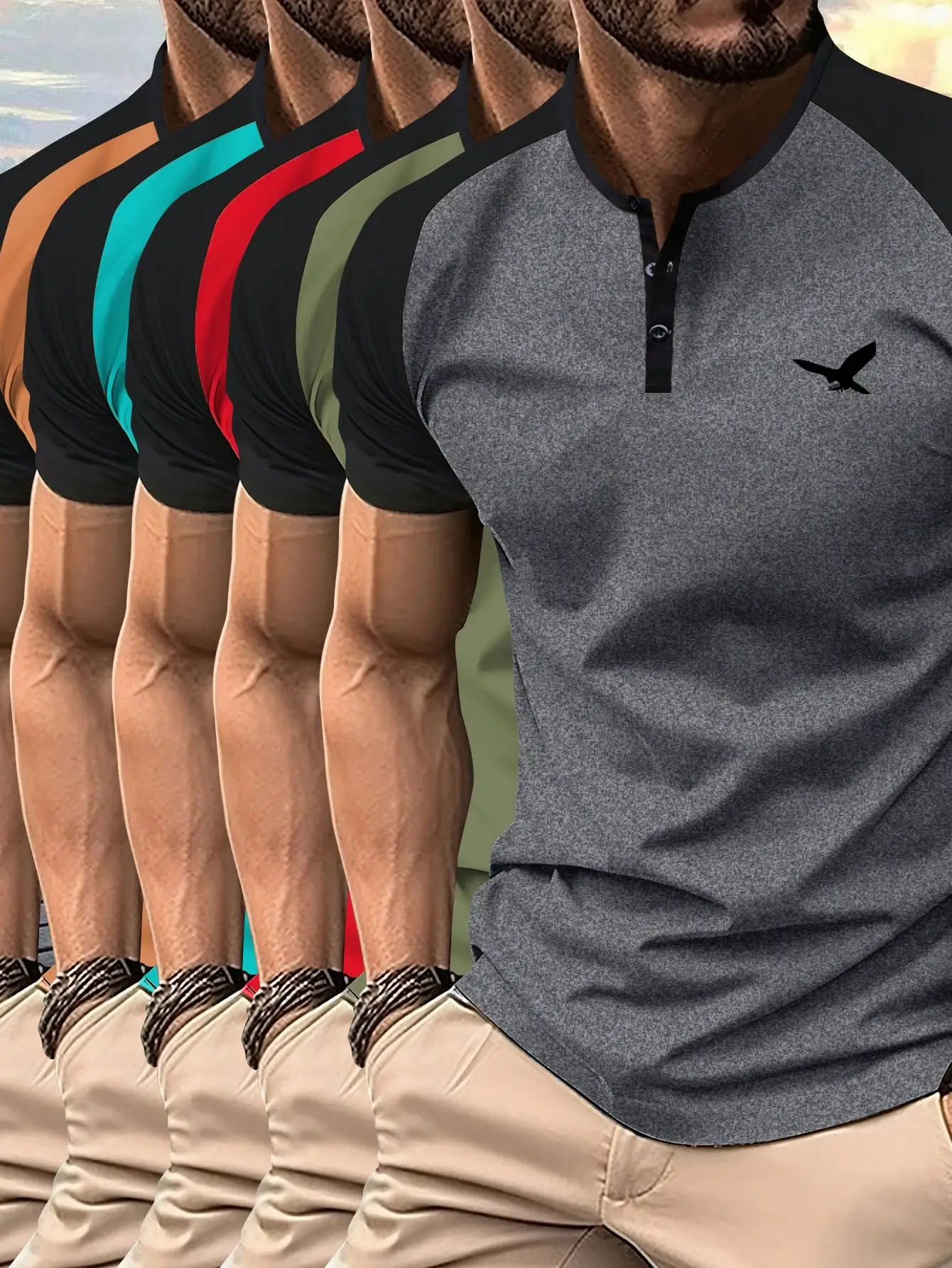 

Набор из 5 мужских футболок-хенли с коротким рукавом, реглан, разноцветные, для повседневной носки на улице