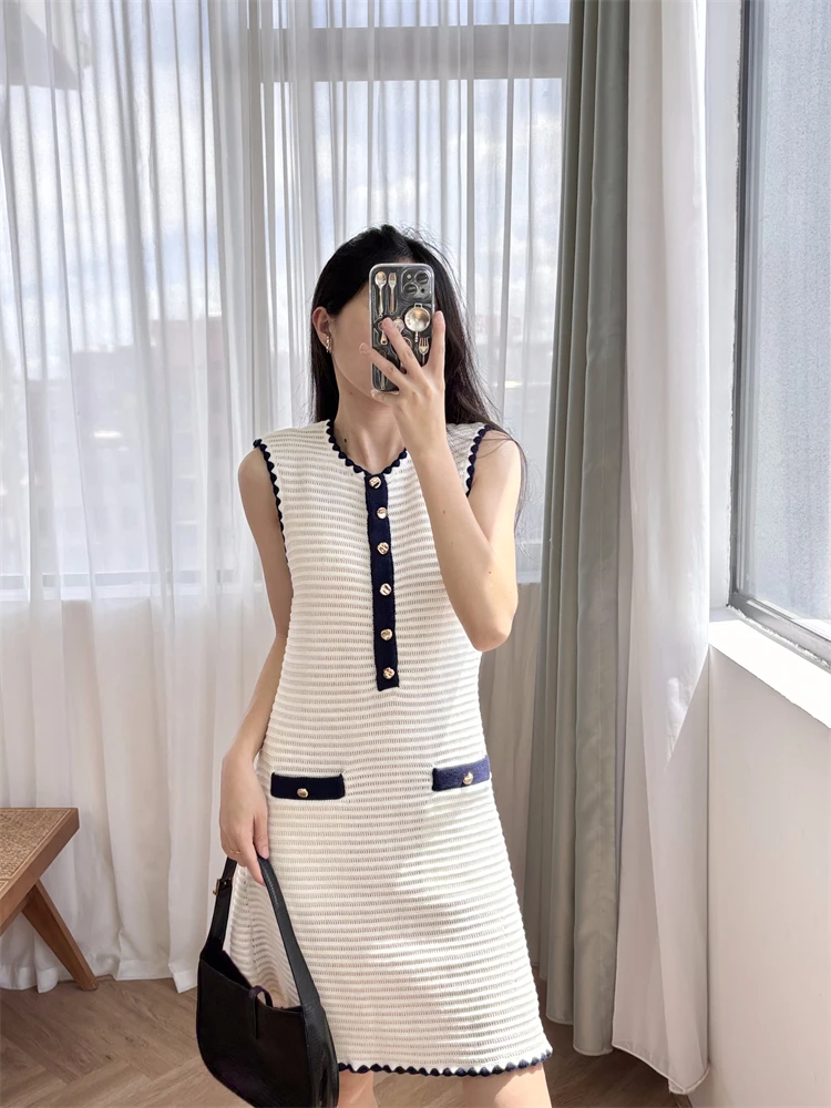 

Evening dress Sleeveless dress ivory white contrasting color commuting knit elegant socialite style 24 early autumn new item