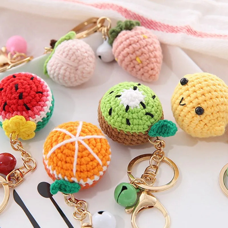 Crocheted Fruit Food Keychain Knitted Pendant Keyring For Women Men Creative Knitting Strawberry Watermelon Car Key Chain