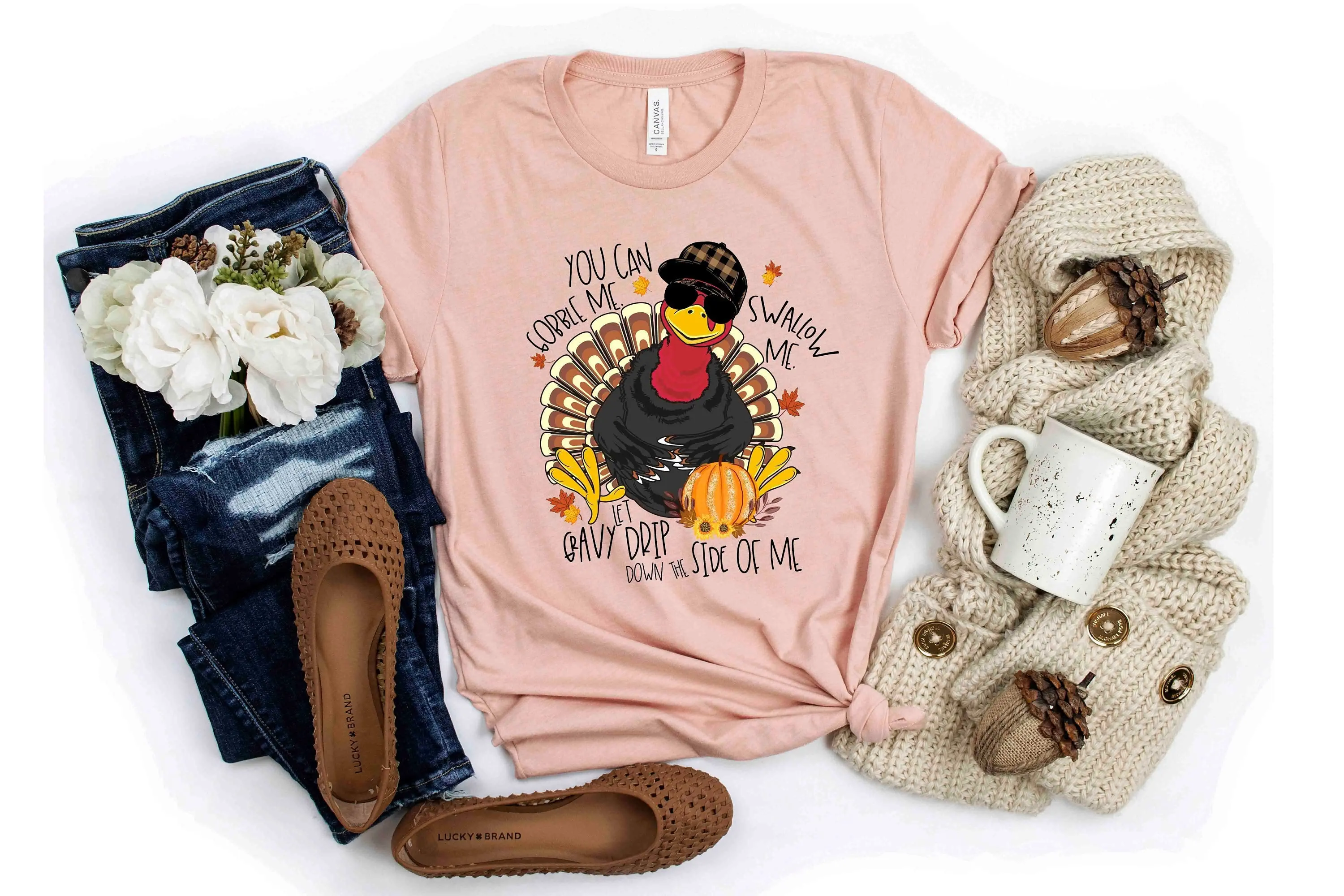 Gobble Me Swallow Drip Giving Down The Side Of T Shirt Turkey Funny Thanksgiving Fall