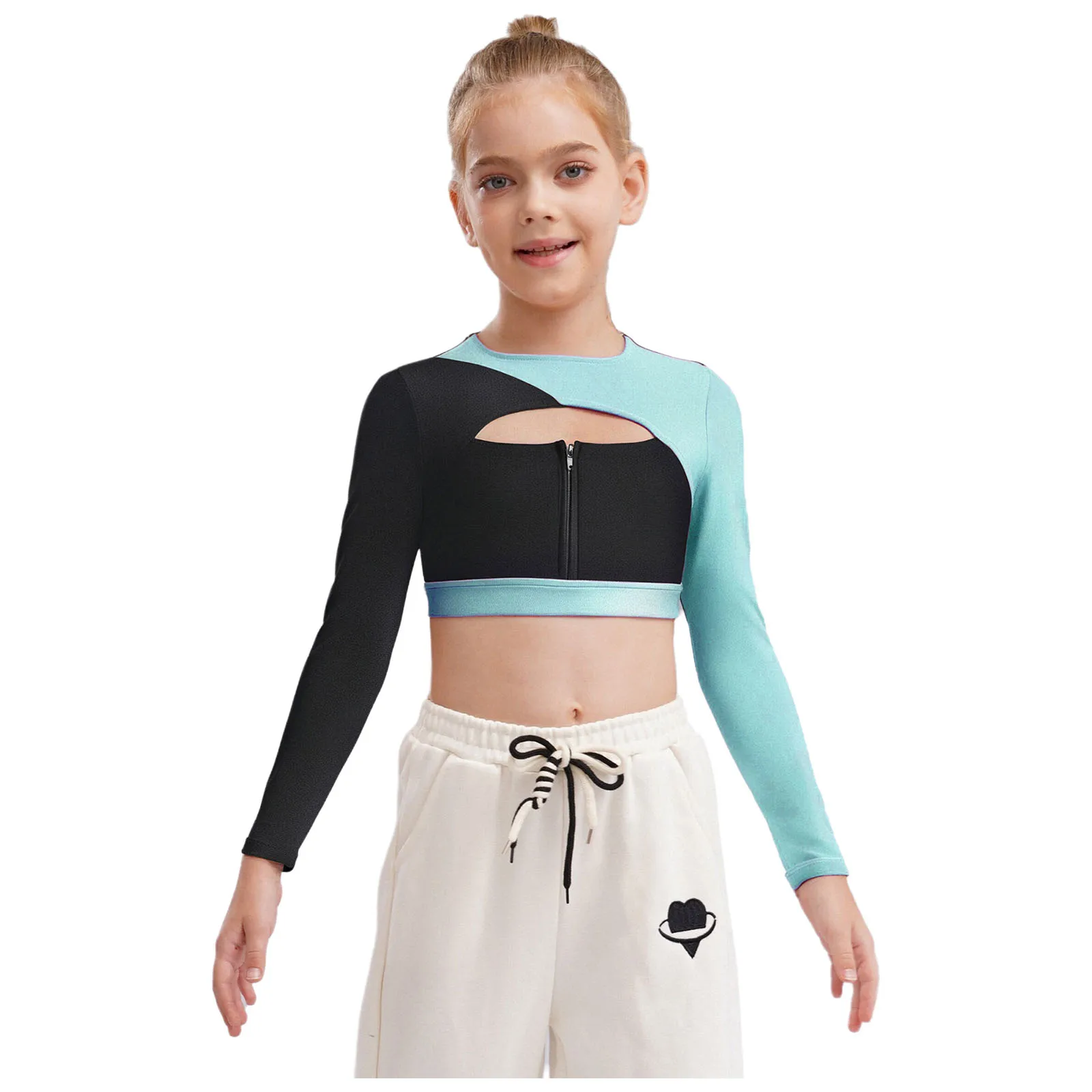 New Style Kids Girls Sports Tops Yoga Tops Workout Running Cycling Costumes Breathable Long Sleeve Front Color Block Crop Top