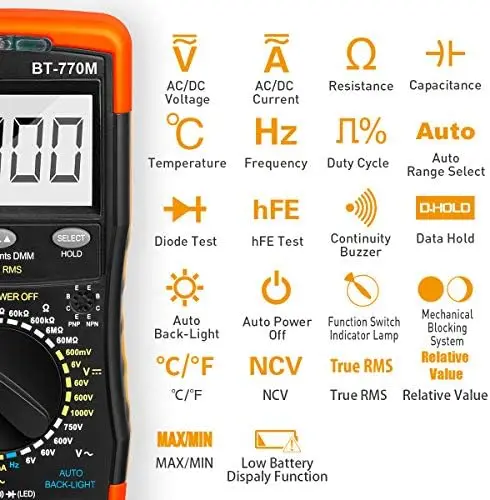 BTMETER BT-770M TRMS 6000 Count Digital Multimeter with Auto Backlight, Auto/Manual Ranging, NCV, Temperature & Capacitance Test