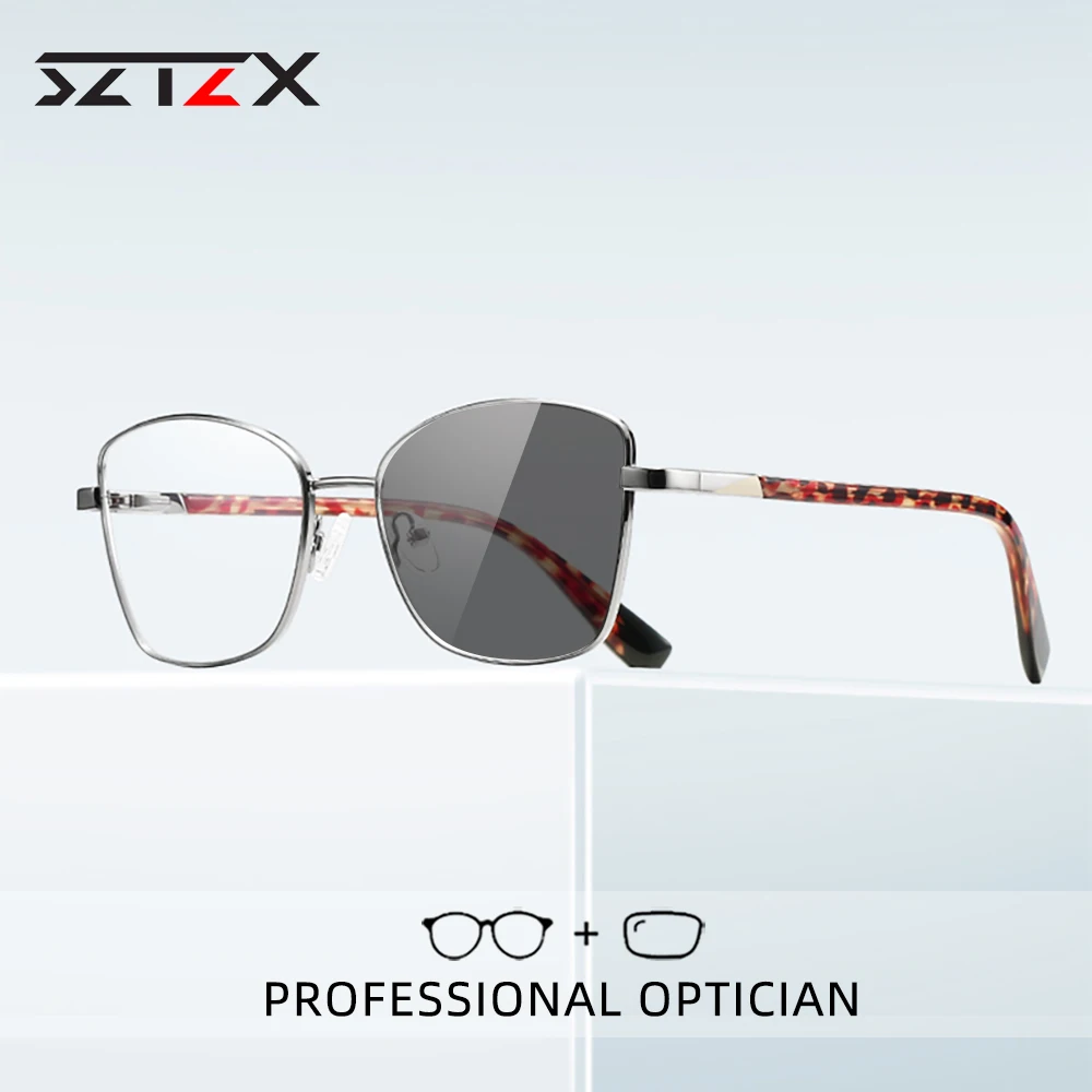 SZTZX Fashion Women Cat Eye Photochromic Anti Blue Ray Computer Glasses With Prescription Myopia Hyperopia Optical Eyewear