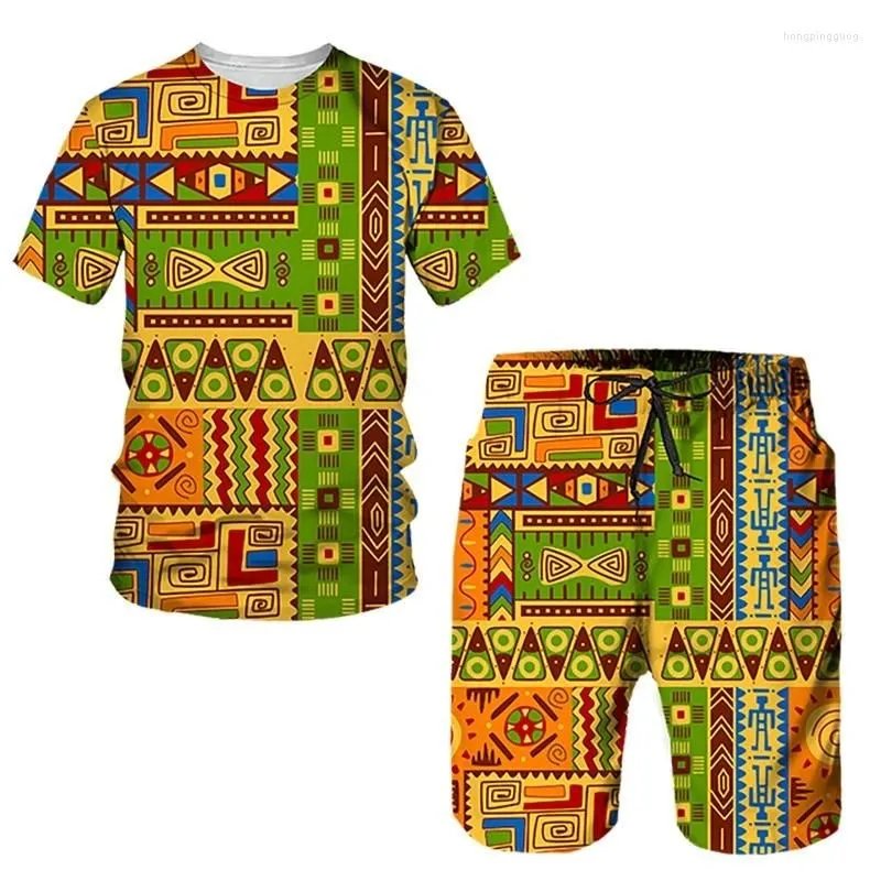 2024 neue Sommer Herren Sportswear mit afrikanischen ethnischen Stil 3d gedruckt T-Shirt Shorts Set lässig Kurzarm Rundhals-T-Shirt