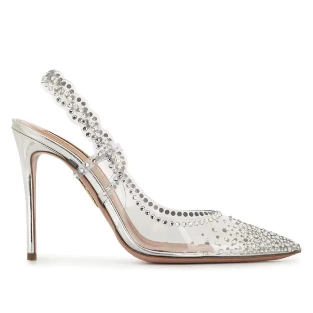 Spring Summer New Style Fashionable Silver Diamond Decorated Pointed Toe Transparent Heels Thin Stiletto Women Shoes