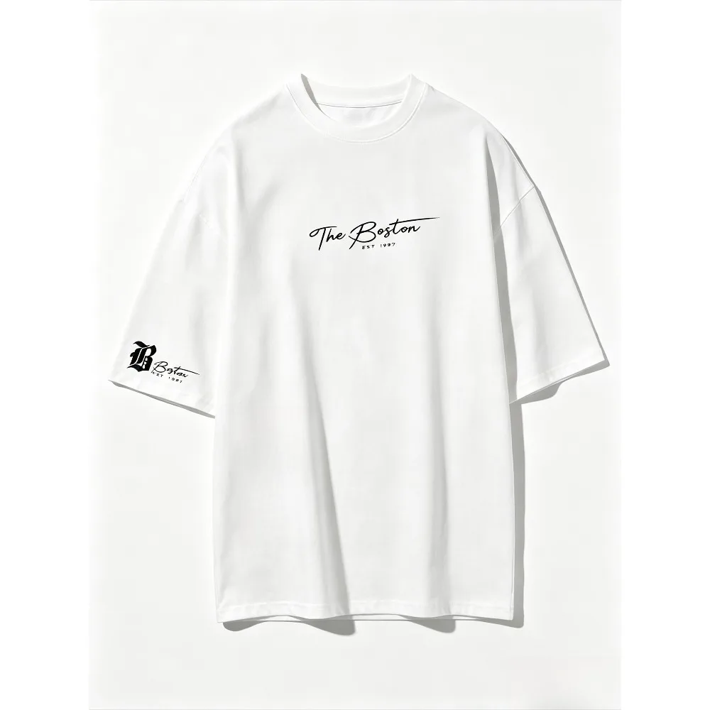 The Boston Cursive Multi-position Letter Print Men T Shirt O-Neck Short Sleeve Oversized Urban Casual Streetwear Male Tee Tops