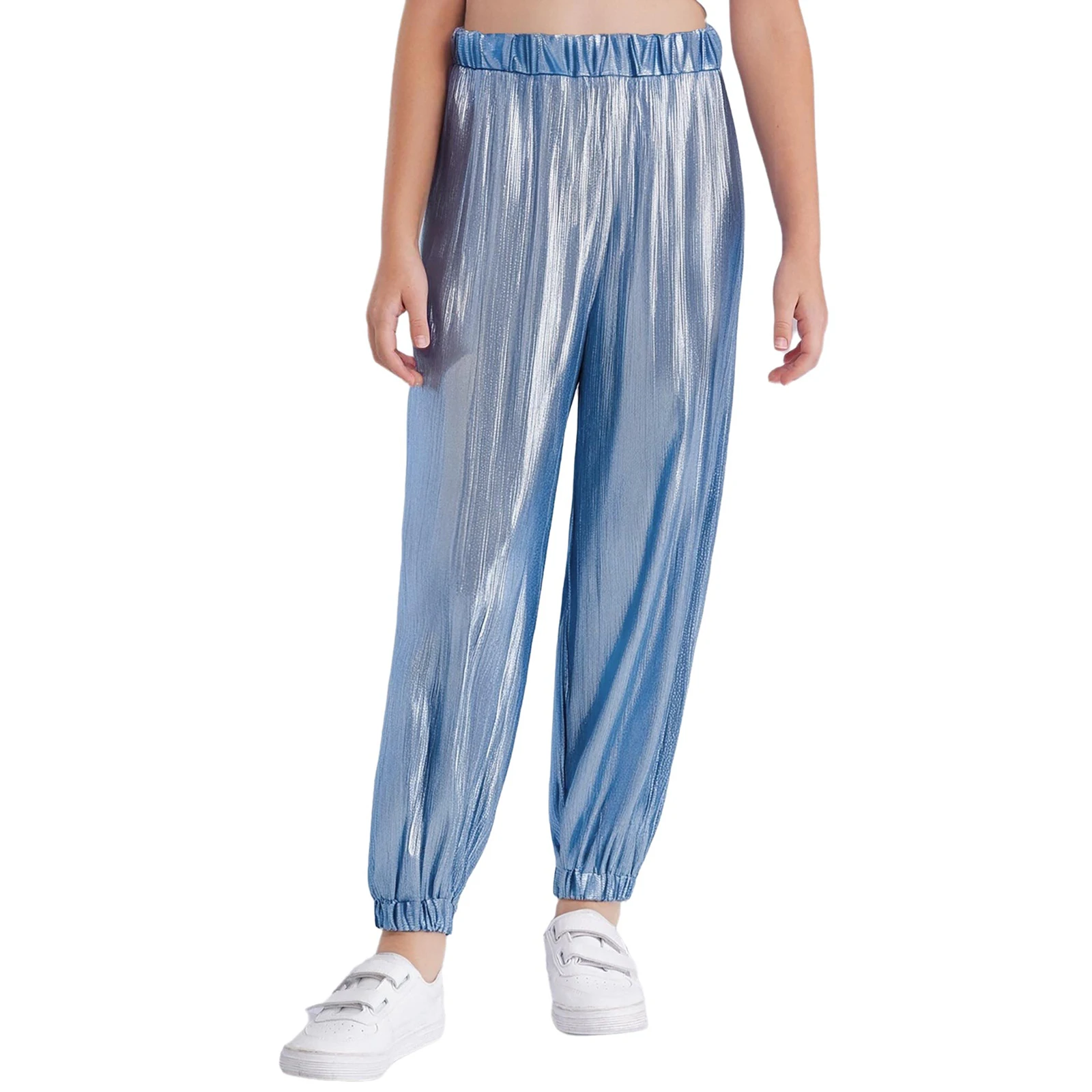 

Kids Girls 70s 80s Disco Jazz Dance Pants Trousers Elastic Waistband Metallic Shiny Ribbed Cargo Pants Stage Performance Costume