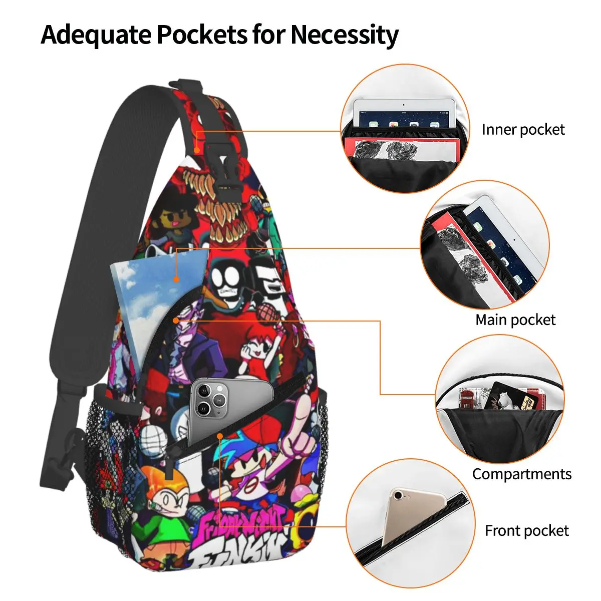 Friday Night Funkin Characters Fnf Game Chest Bag Men Sling Crossbody Backpack Chest Bag Traveling Hiking Daypack Shoulder Bag