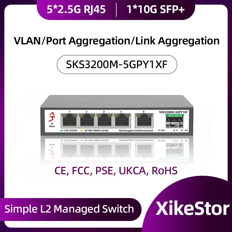 XikeStor 6-Port 2.5G Simple L2 Web Managed 5 Ports 2.5g RJ45 and 10gbe SFP+ Slots Network  Fanless Plug and Play