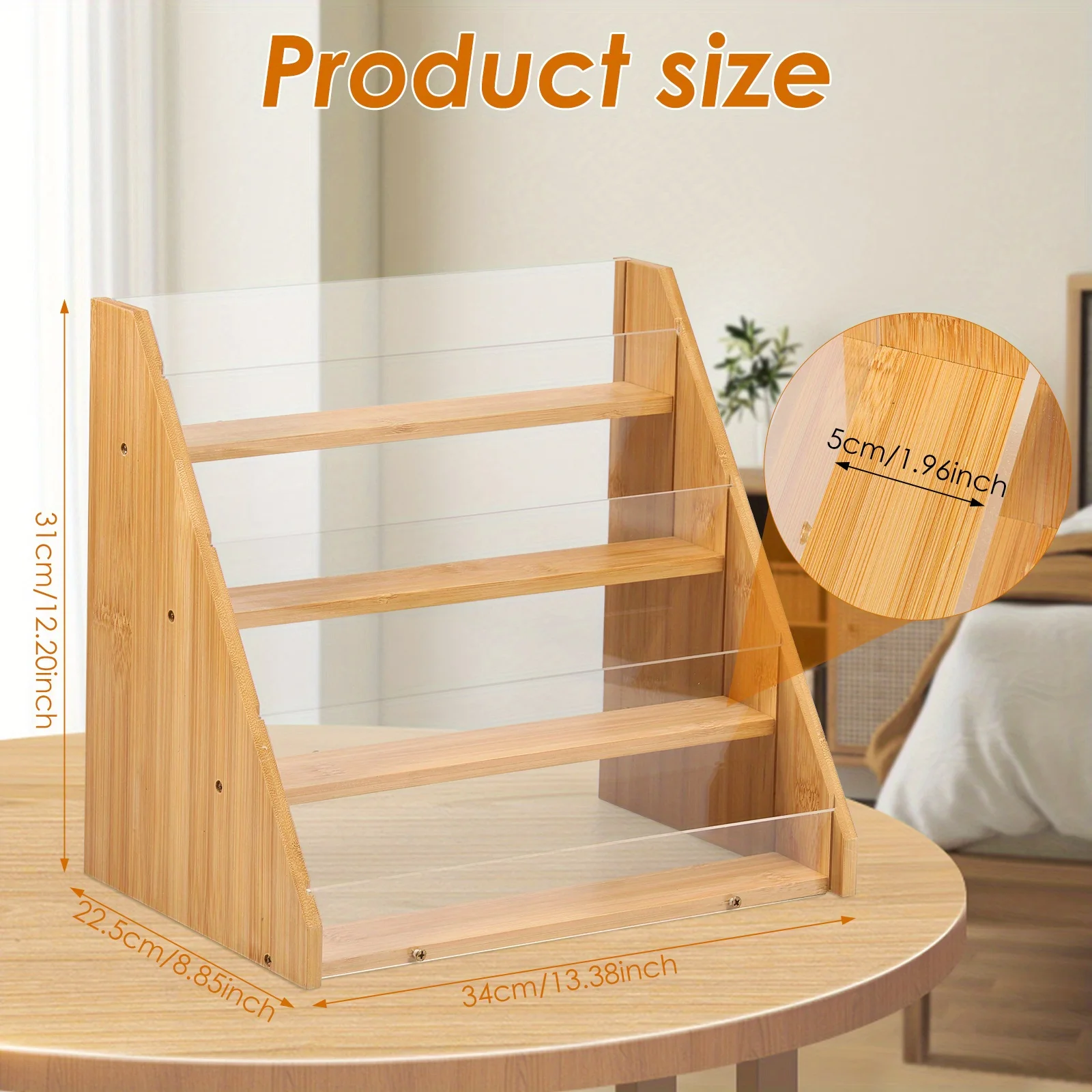 4-Tier Elegant Bamboo and Acrylic Card Display Stand Classic Home Decor with Triangular Base for Easily Assembled Greeting