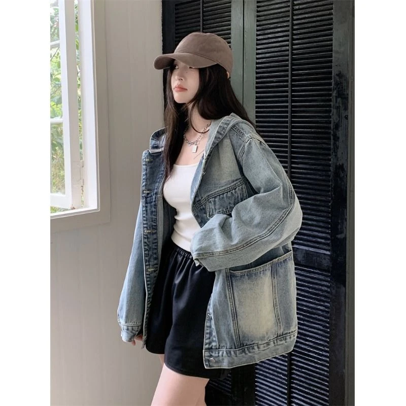 Large Size Hooded Coat Female Fat Mm Spring and Autumn Sense of Design Minority Loose All-match Long Sleeve Denim Jacket