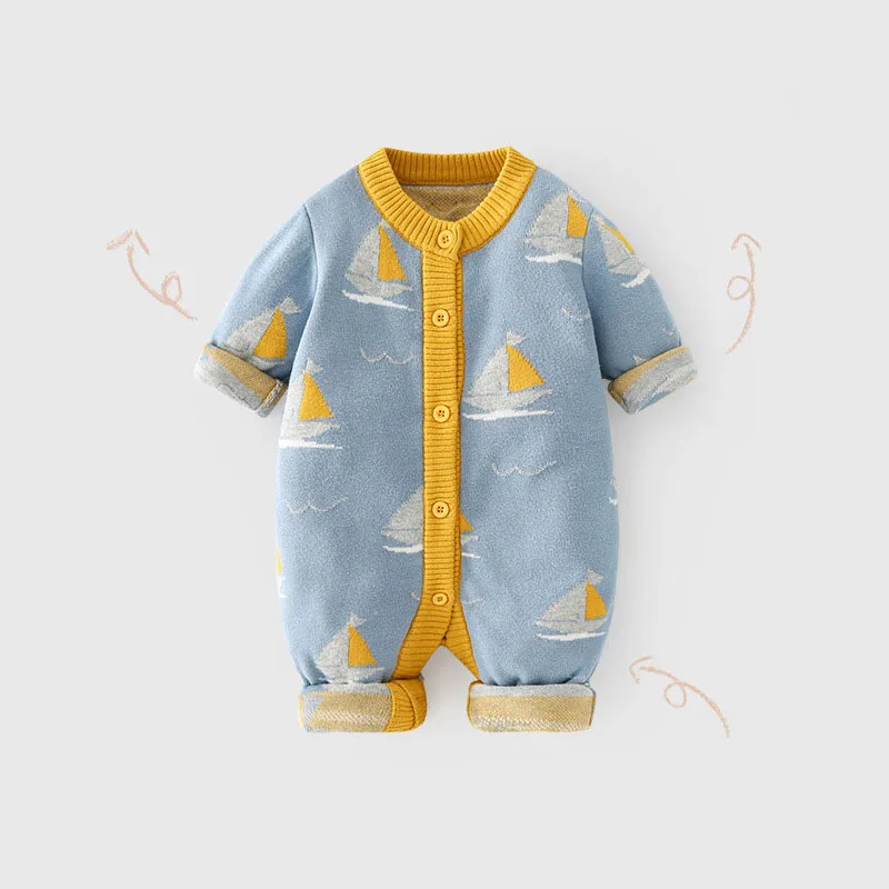 Spring Autumn 0-2 Year Ins Newborn Boys Bodysuit Knitted Sailboat Jacquard Infant Boys Jumpsuit Thicken Baby Boy Onesies