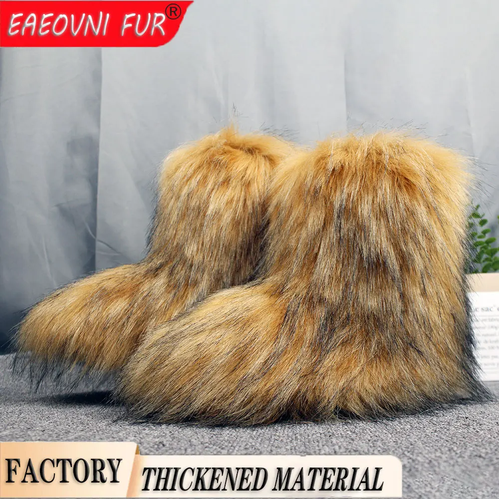 

Winter keep warm Fur Onepiece Raccoon And Fox Fur Female Snow Boots Fur Shoes Outdoor Mid Leg Boots