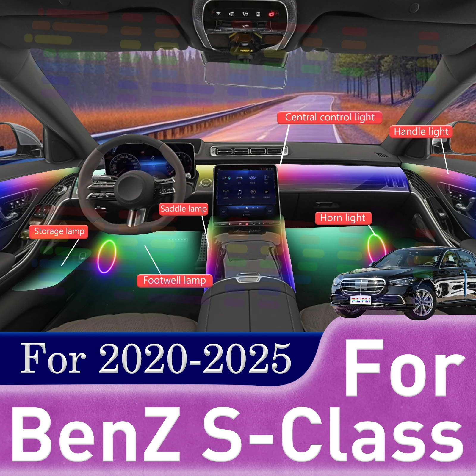 لبنز S-Class V223 Maybach تصميم الشبح الفاخر الاكريليك السيارات الداخلية شرائط الإضاءة المحيطة RGB التفاعل الصوتي