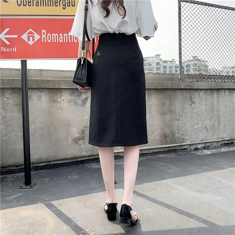 Mid-Length Split A-line Skirt Female Spring Summer High-Waisted Wrap Hip Skirt Clothes For Women Korean Fashion Black Skirts