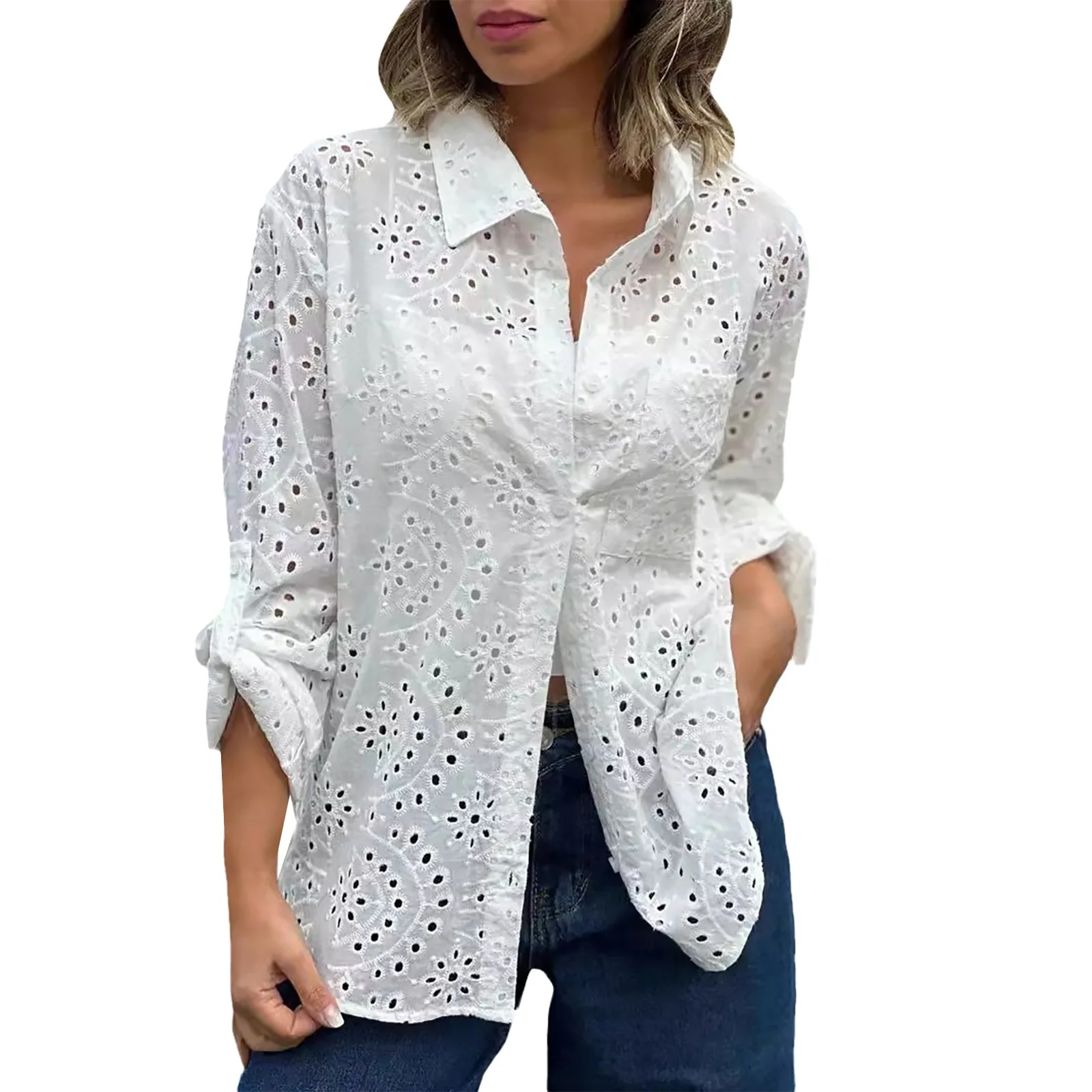 Women\'s Spring And Summer Solid Color Shirt Collar Loose Embroidered Hollow Large Size Shirt Top Teacher Shirts for Women