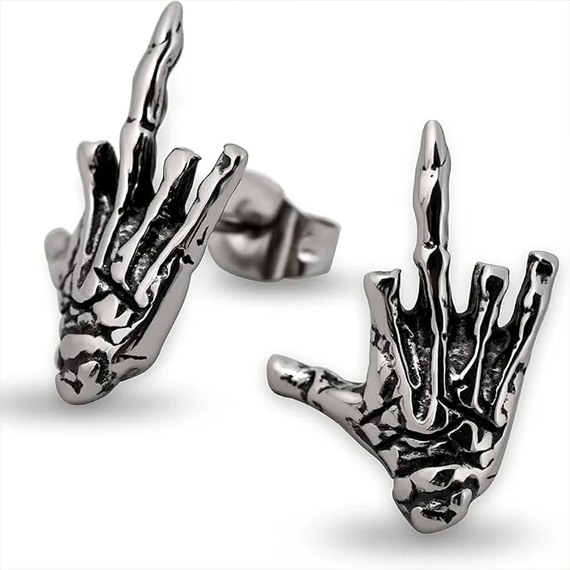 Vintage Silver Color Skull Hand Middle Finger Stud Earrings for Men Women Punk Hip Hop Halloween Piercing Earring Rock Jewelry